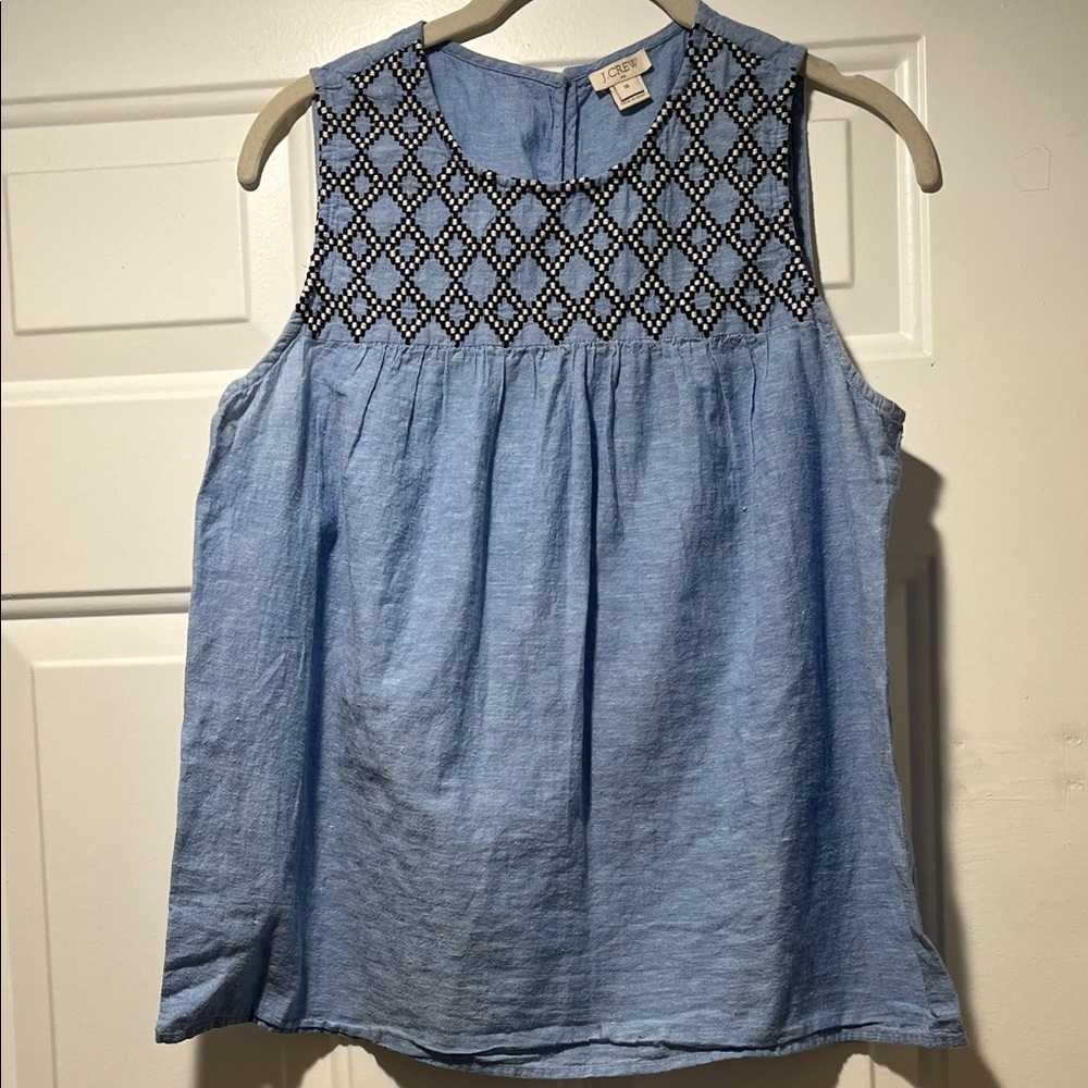 J.Crew Light Blue Sleeveless Cotton/Linen Top w/ Black/White embroidered Detail